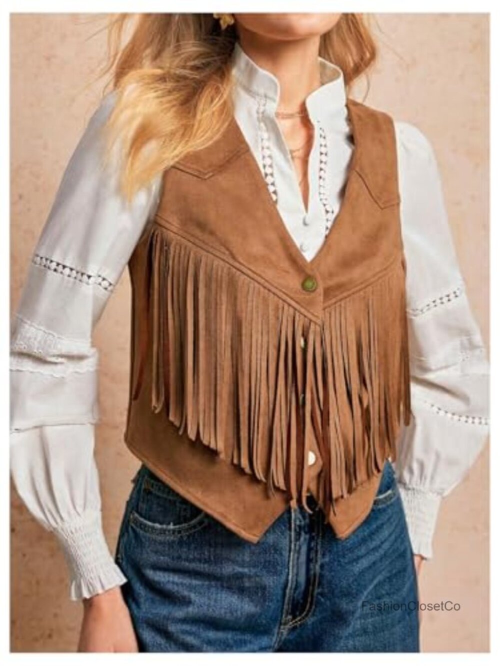 Women's Faux Suede Fringe Vest Sleeveless Cropped Cowgirl Western Button Jacket - Picture 3 of 4
